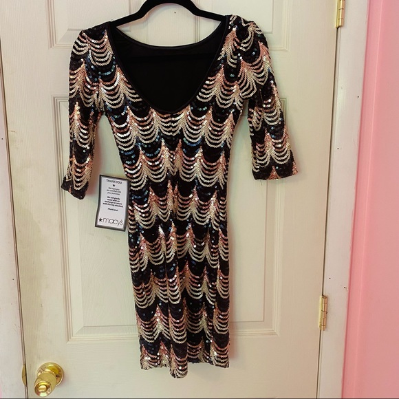 New nwt Sequin Black Gold Dress XS Crystal Doll Short Sleeve Prom homecoming - Picture 8 of 14